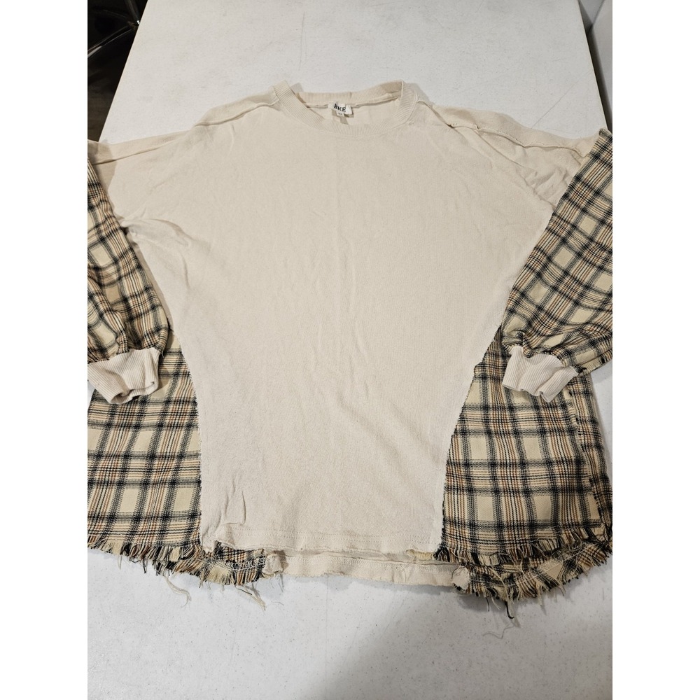 Bke Long Sleeve Blouse Womens XS Oversized T Shirt‎ Tan/Plaid blouse(613
